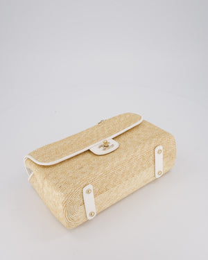 Chanel Medium Single Flap Bag in Beige Raffia and White Lambskin Leather with Champagne Gold Hardware