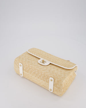 Chanel Medium Single Flap Bag in Beige Raffia and White Lambskin Leather with Champagne Gold Hardware