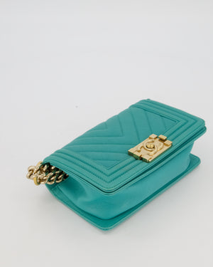 Chanel Mini Boy Bag in Teal Caviar Chevron Leather with Brushed Gold Hardware