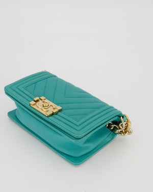 Chanel Mini Boy Bag in Teal Caviar Chevron Leather with Brushed Gold Hardware