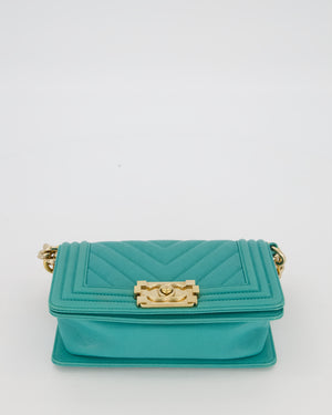 Chanel Mini Boy Bag in Teal Caviar Chevron Leather with Brushed Gold Hardware