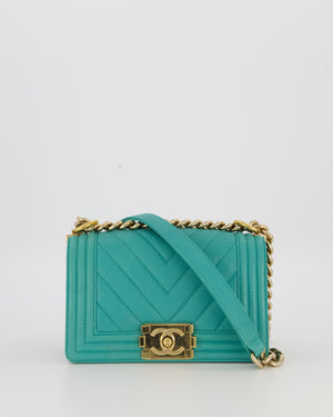 Chanel Mini Boy Bag in Teal Caviar Chevron Leather with Brushed Gold Hardware