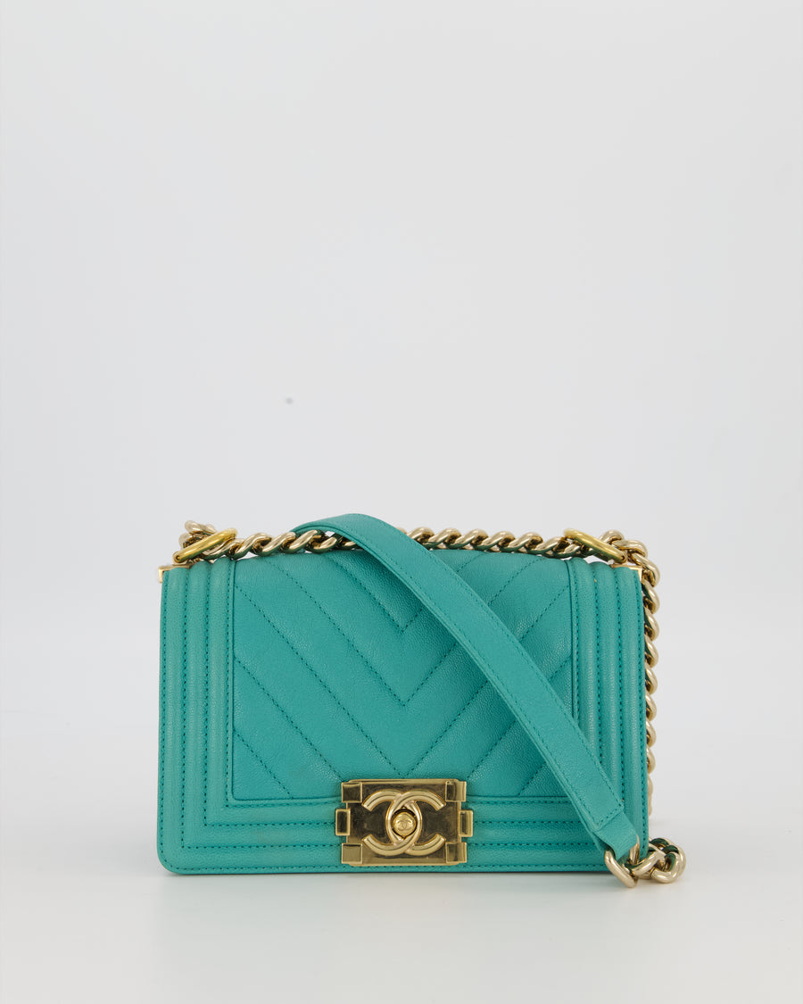 Chanel Mini Boy Bag in Teal Caviar Chevron Leather with Brushed Gold Hardware
