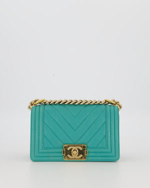 Chanel Mini Boy Bag in Teal Caviar Chevron Leather with Brushed Gold Hardware