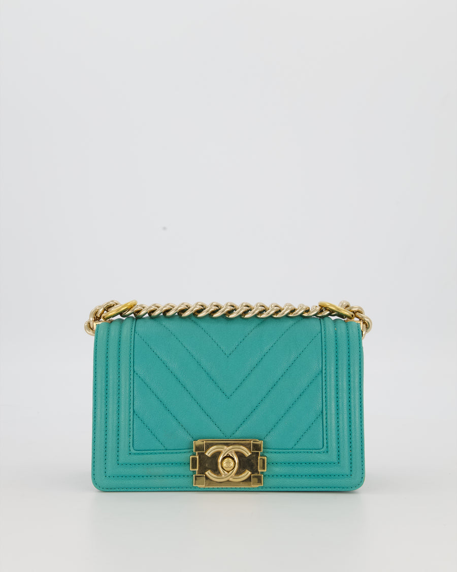 Chanel Mini Boy Bag in Teal Caviar Chevron Leather with Brushed Gold Hardware