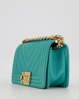 Chanel Mini Boy Bag in Teal Caviar Chevron Leather with Brushed Gold Hardware