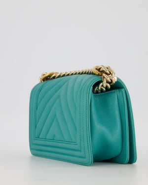 Chanel Mini Boy Bag in Teal Caviar Chevron Leather with Brushed Gold Hardware