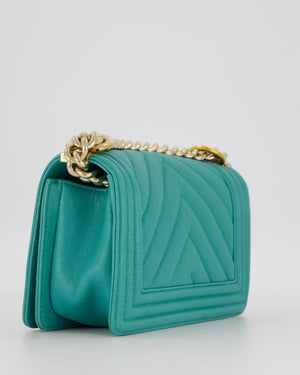 Chanel Mini Boy Bag in Teal Caviar Chevron Leather with Brushed Gold Hardware