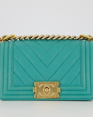 Chanel Mini Boy Bag in Teal Caviar Chevron Leather with Brushed Gold Hardware