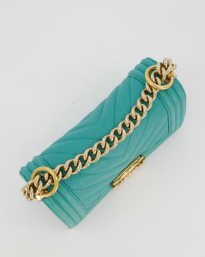 Chanel Mini Boy Bag in Teal Caviar Chevron Leather with Brushed Gold Hardware