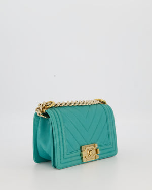Chanel Mini Boy Bag in Teal Caviar Chevron Leather with Brushed Gold Hardware