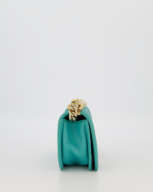 Chanel Mini Boy Bag in Teal Caviar Chevron Leather with Brushed Gold Hardware