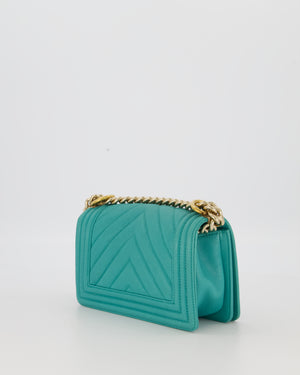 Chanel Mini Boy Bag in Teal Caviar Chevron Leather with Brushed Gold Hardware