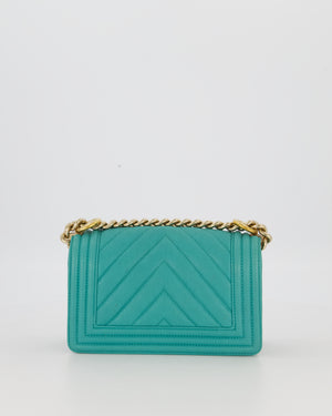 Chanel Mini Boy Bag in Teal Caviar Chevron Leather with Brushed Gold Hardware