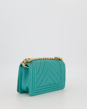 Chanel Mini Boy Bag in Teal Caviar Chevron Leather with Brushed Gold Hardware