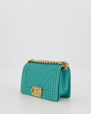 Chanel Mini Boy Bag in Teal Caviar Chevron Leather with Brushed Gold Hardware