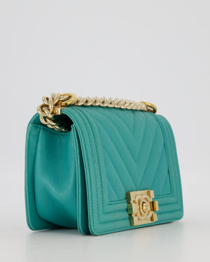 Chanel Mini Boy Bag in Teal Caviar Chevron Leather with Brushed Gold Hardware
