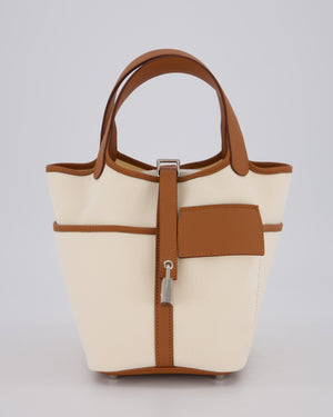 *HOT* Hermès Picotin 18 Lock Cargo Bag in Ecru Canvas & Gold Swift Leather with Palladium Hardware