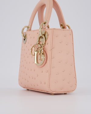 Christian Dior Mini Lady Dior Bag in Peach Ostrich Leather with Champagne Gold Hardware