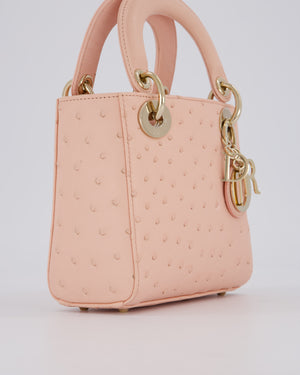 Christian Dior Mini Lady Dior Bag in Peach Ostrich Leather with Champagne Gold Hardware