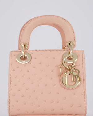 Christian Dior Mini Lady Dior Bag in Peach Ostrich Leather with Champagne Gold Hardware