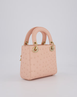 Christian Dior Mini Lady Dior Bag in Peach Ostrich Leather with Champagne Gold Hardware