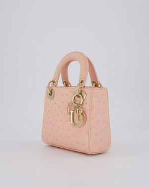 Christian Dior Mini Lady Dior Bag in Peach Ostrich Leather with Champagne Gold Hardware