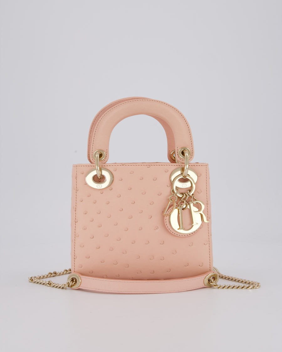 Christian Dior Mini Lady Dior Bag in Peach Ostrich Leather with Champagne Gold Hardware