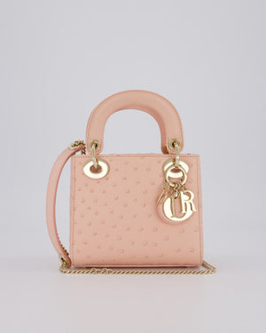 Christian Dior Mini Lady Dior Bag in Peach Ostrich Leather with Champagne Gold Hardware