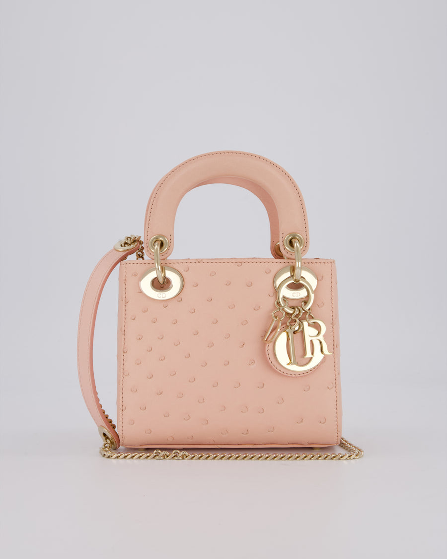 Christian Dior Mini Lady Dior Bag in Peach Ostrich Leather with Champagne Gold Hardware