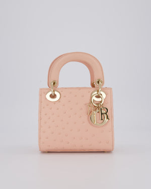 Christian Dior Mini Lady Dior Bag in Peach Ostrich Leather with Champagne Gold Hardware