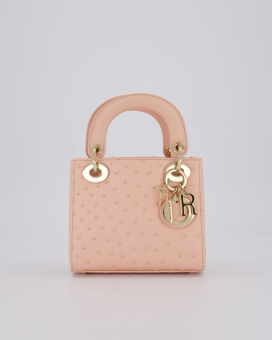 Christian Dior Mini Lady Dior Bag in Peach Ostrich Leather with Champagne Gold Hardware