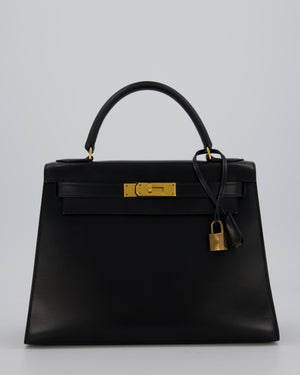 Vintage Hermès Kelly 28 Bag in Noir Box Leather with Gold Hardware