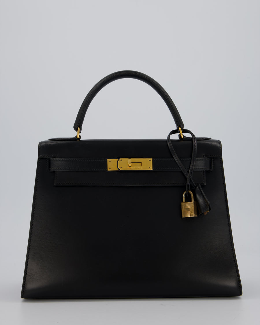 Vintage Hermès Kelly 28 Bag in Noir Box Leather with Gold Hardware