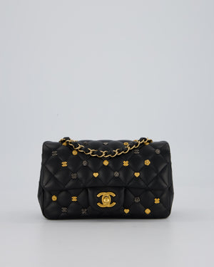 *RARE* Chanel Black Mini Rectangular Single Flap Bag with Charms in Lambskin Leather with Gold Hardware