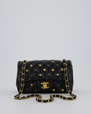 *RARE* Chanel Black Mini Rectangular Single Flap Bag with Charms in Lambskin Leather with Gold Hardware