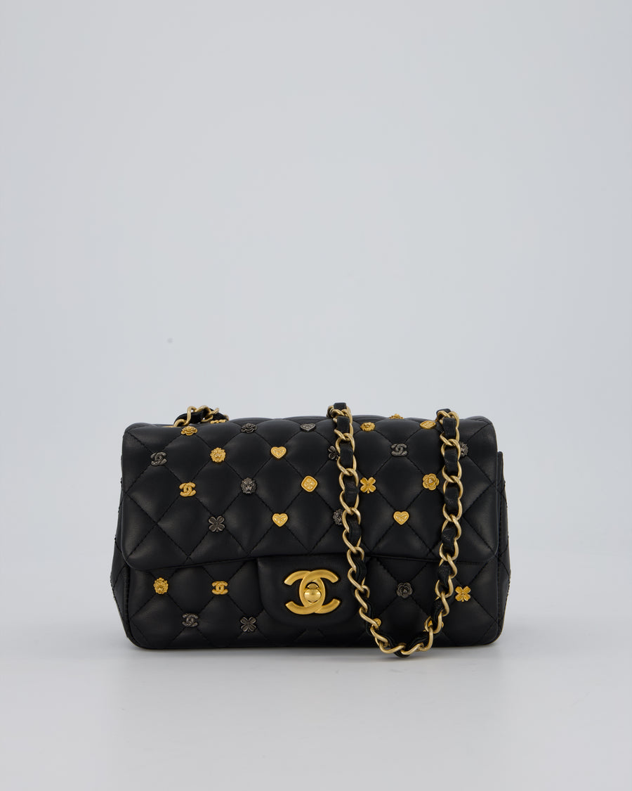 *RARE* Chanel Black Mini Rectangular Single Flap Bag with Charms in Lambskin Leather with Gold Hardware