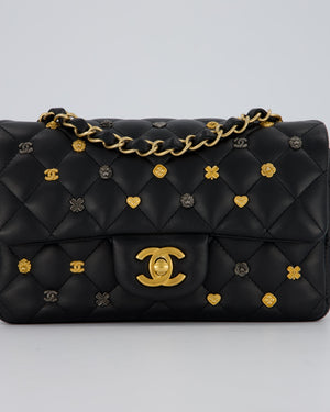 *RARE* Chanel Black Mini Rectangular Single Flap Bag with Charms in Lambskin Leather with Gold Hardware