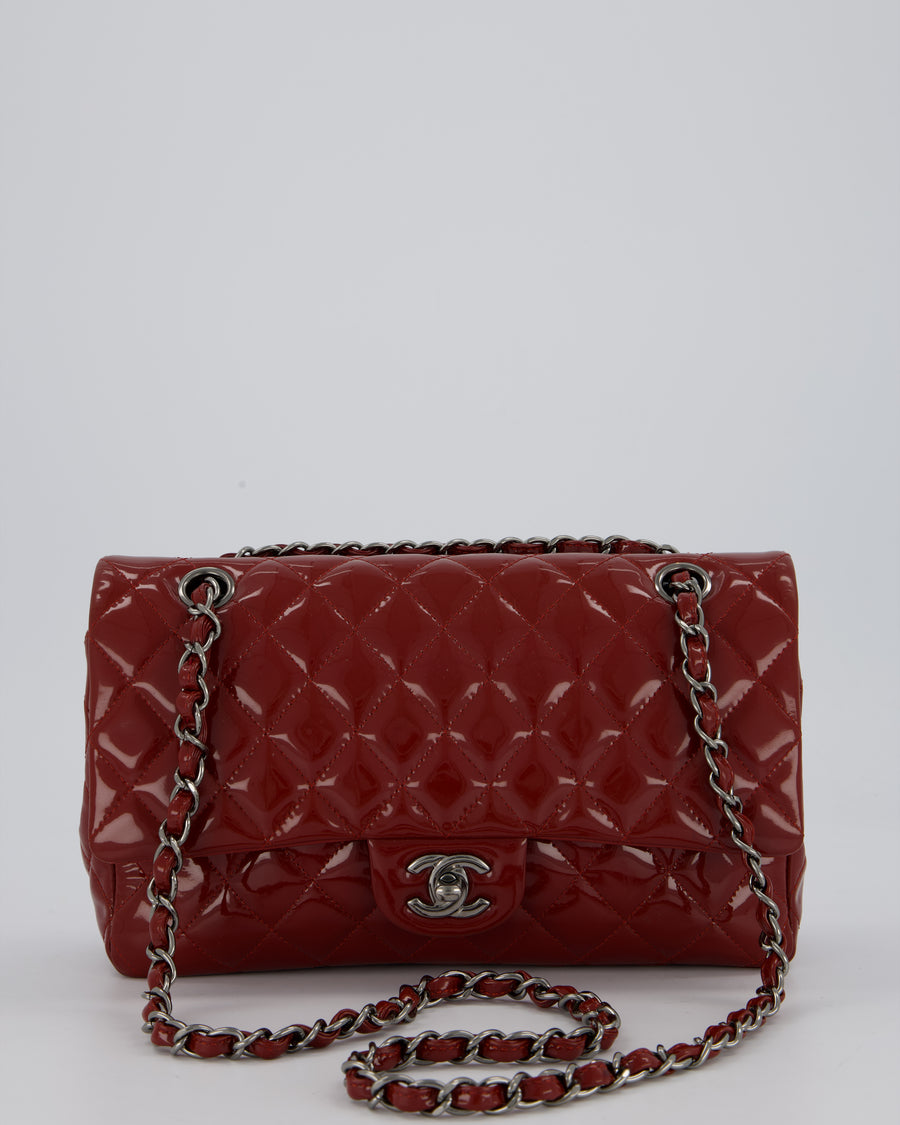 Chanel Medium Double Flap Bag in Burgundy Patent Leather with Gunmetal Hardware