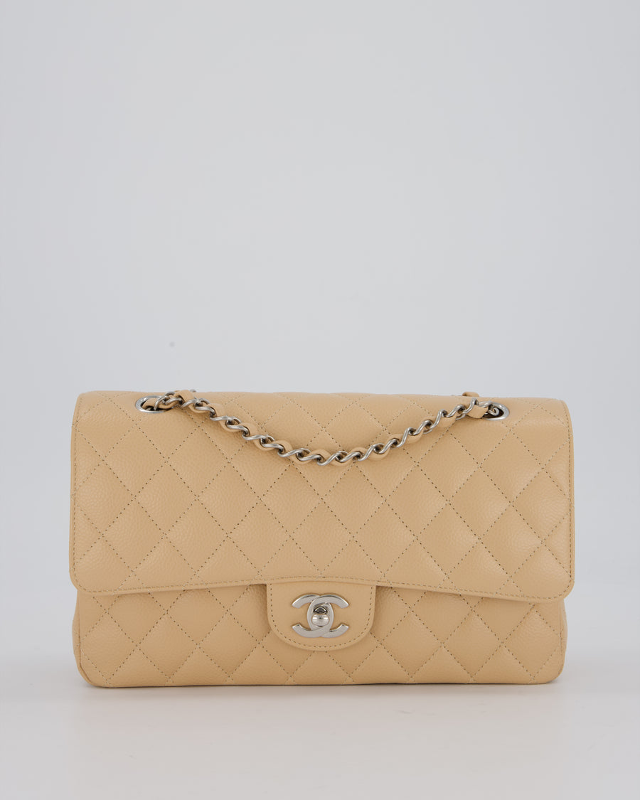 *HOT* Chanel Beige Classic Medium Double Flap Bag in Caviar Leather with Silver Hardware