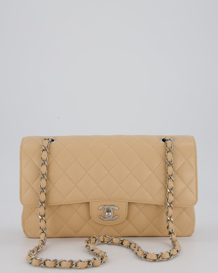 *HOT* Chanel Beige Classic Medium Double Flap Bag in Caviar Leather with Silver Hardware