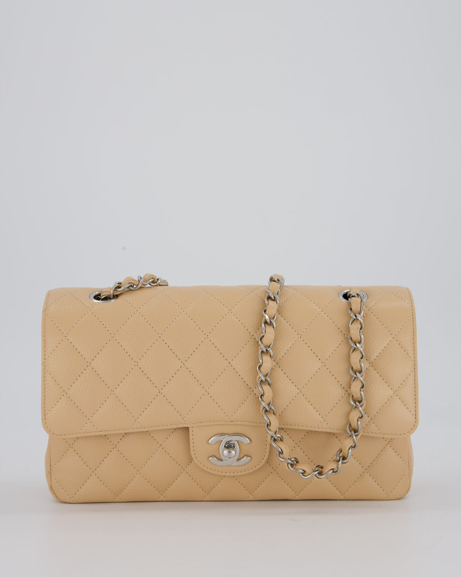 *HOT* Chanel Beige Classic Medium Double Flap Bag in Caviar Leather with Silver Hardware