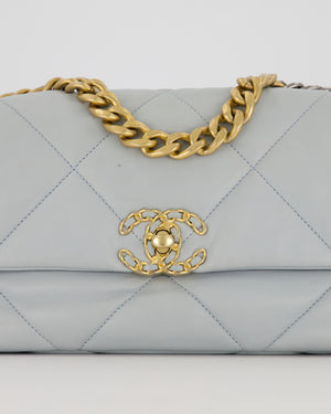 Chanel Small 19 Flap Bag in Baby Blue Quilted Goatskin Leather with Mixed Hardware