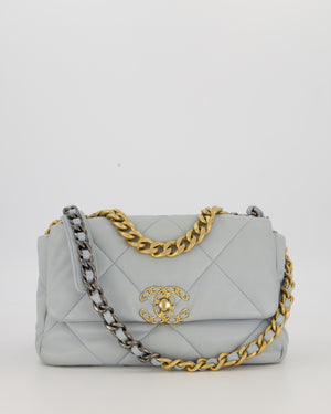 Chanel Small 19 Flap Bag in Baby Blue Quilted Goatskin Leather with Mixed Hardware