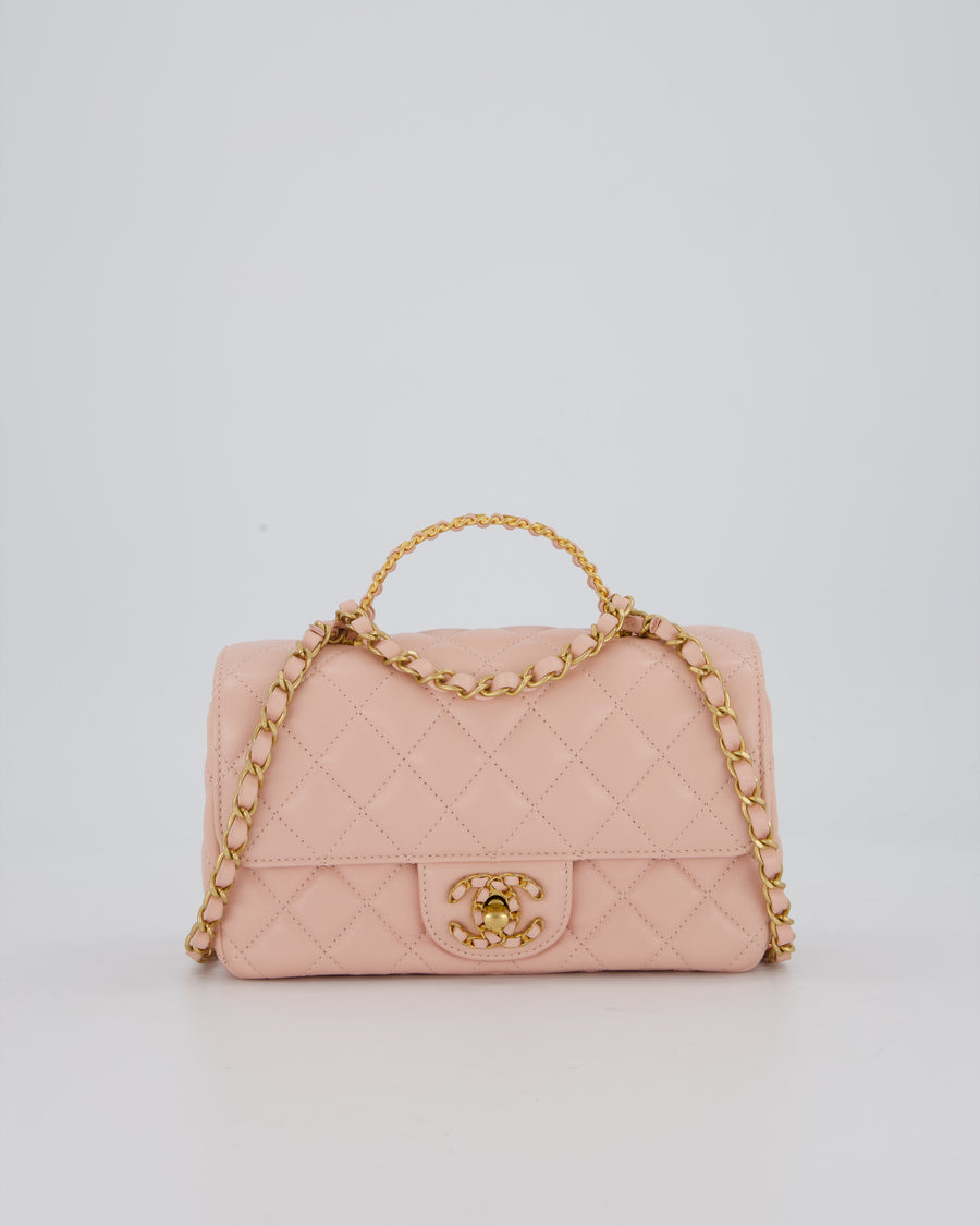 Chanel Pink Mini Rectangular Top Handle With Logo Detail Bag with Brushed Gold Hardware