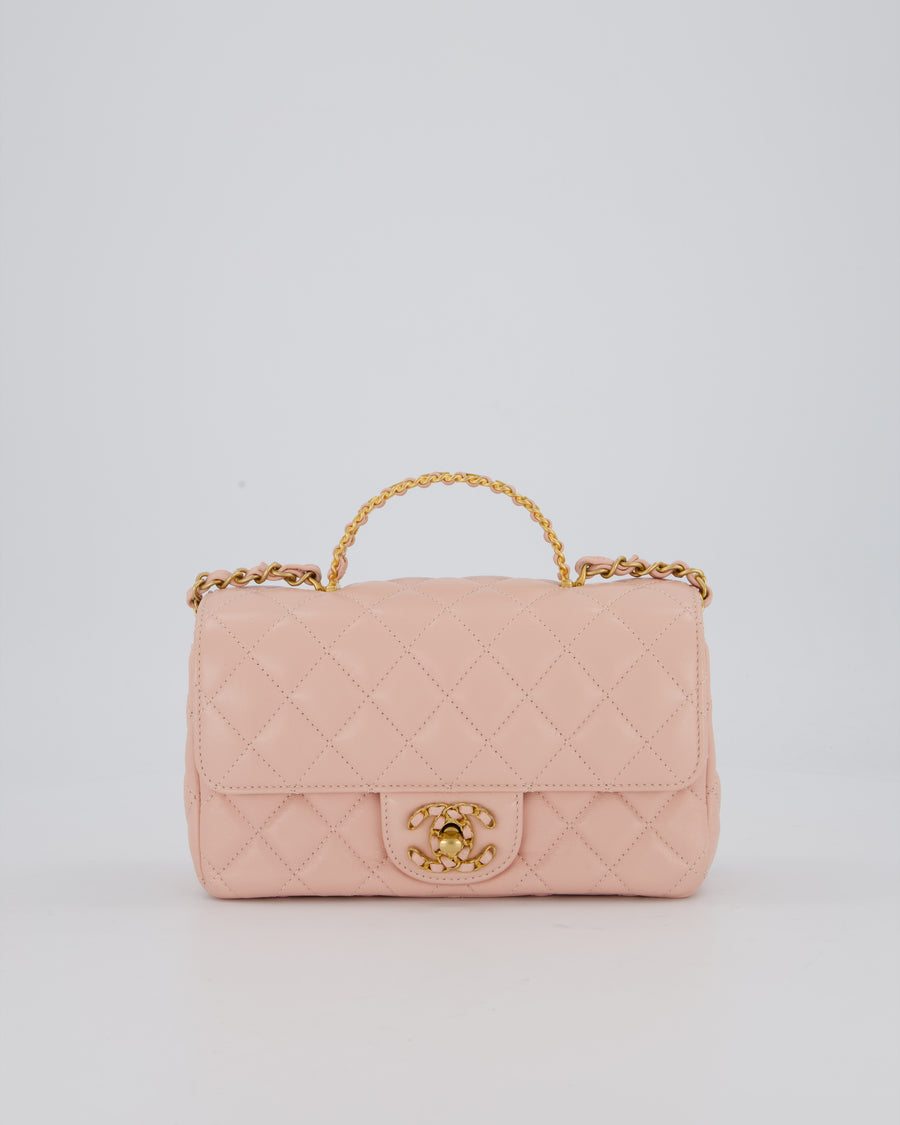 Chanel Pink Mini Rectangular Top Handle With Logo Detail Bag with Brushed Gold Hardware