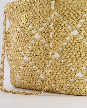 *HOT* Chanel Cruise 2025/26 Large Tote Bag in Woven Beige Raffia and White Grosgrain Ribbon with Brushed Gold Hardware
