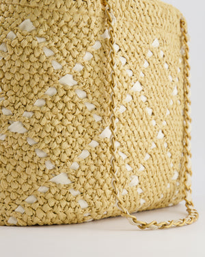*HOT* Chanel Cruise 2025/26 Large Tote Bag in Woven Beige Raffia and White Grosgrain Ribbon with Brushed Gold Hardware