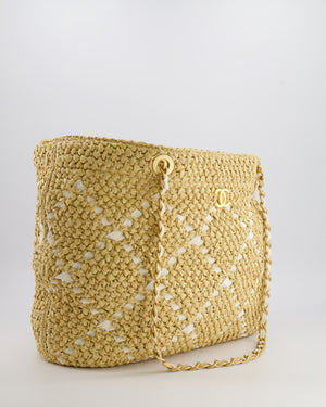 *HOT* Chanel Cruise 2025/26 Large Tote Bag in Woven Beige Raffia and White Grosgrain Ribbon with Brushed Gold Hardware
