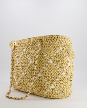 *HOT* Chanel Cruise 2025/26 Large Tote Bag in Woven Beige Raffia and White Grosgrain Ribbon with Brushed Gold Hardware
